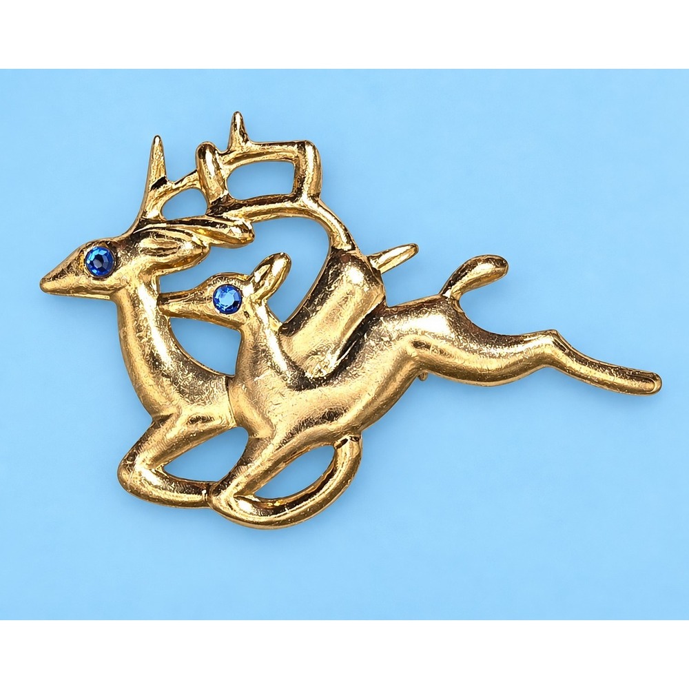 Vintage Hong Kong Double Deer Brooch Gold Tone Blue Rhinestone Eyes -3777